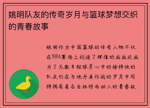 姚明队友的传奇岁月与篮球梦想交织的青春故事